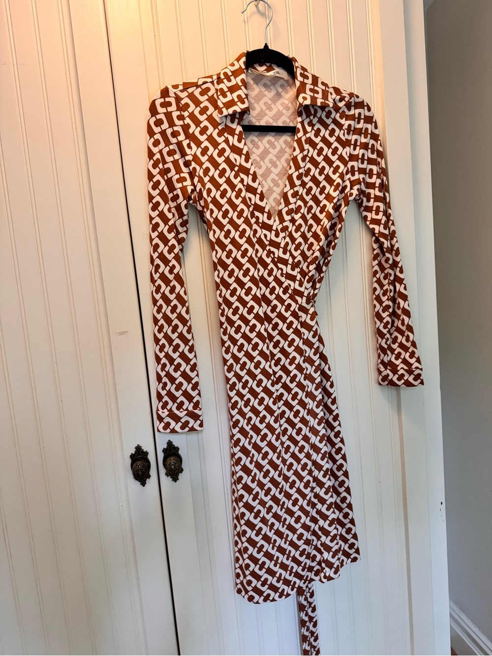 Diane Von Furstenberg Brown and White Geometric Wrap Dress